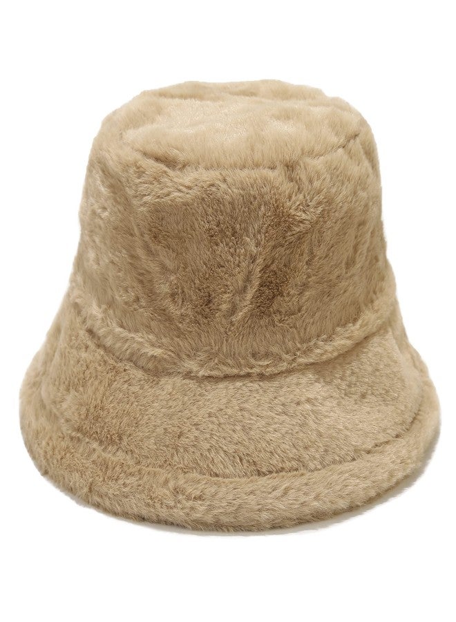 Umeepar Winter Faux Fur Fuzzy Bucket Hat Fluffy Warm Hat for Women Men (Plain Khaki) - Image 1